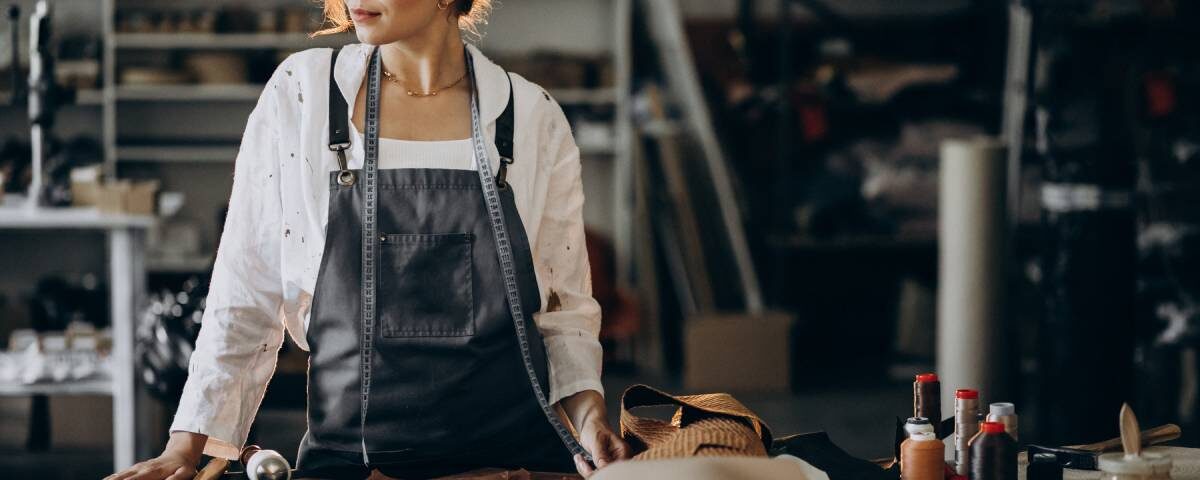 Przedsiębiorczyni w pracowni krawieckiej prowadząca własną działalność gospodarczą