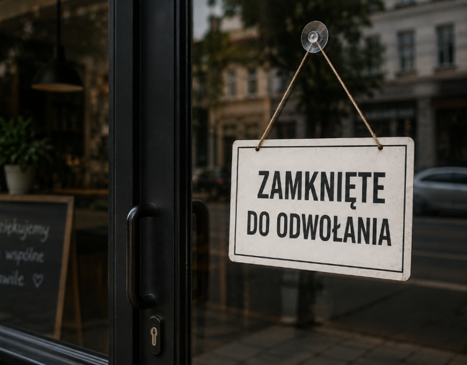 Zawieszona działalność gospodarcza – zamknięty lokal z napisem „Zamknięte do odwołania”